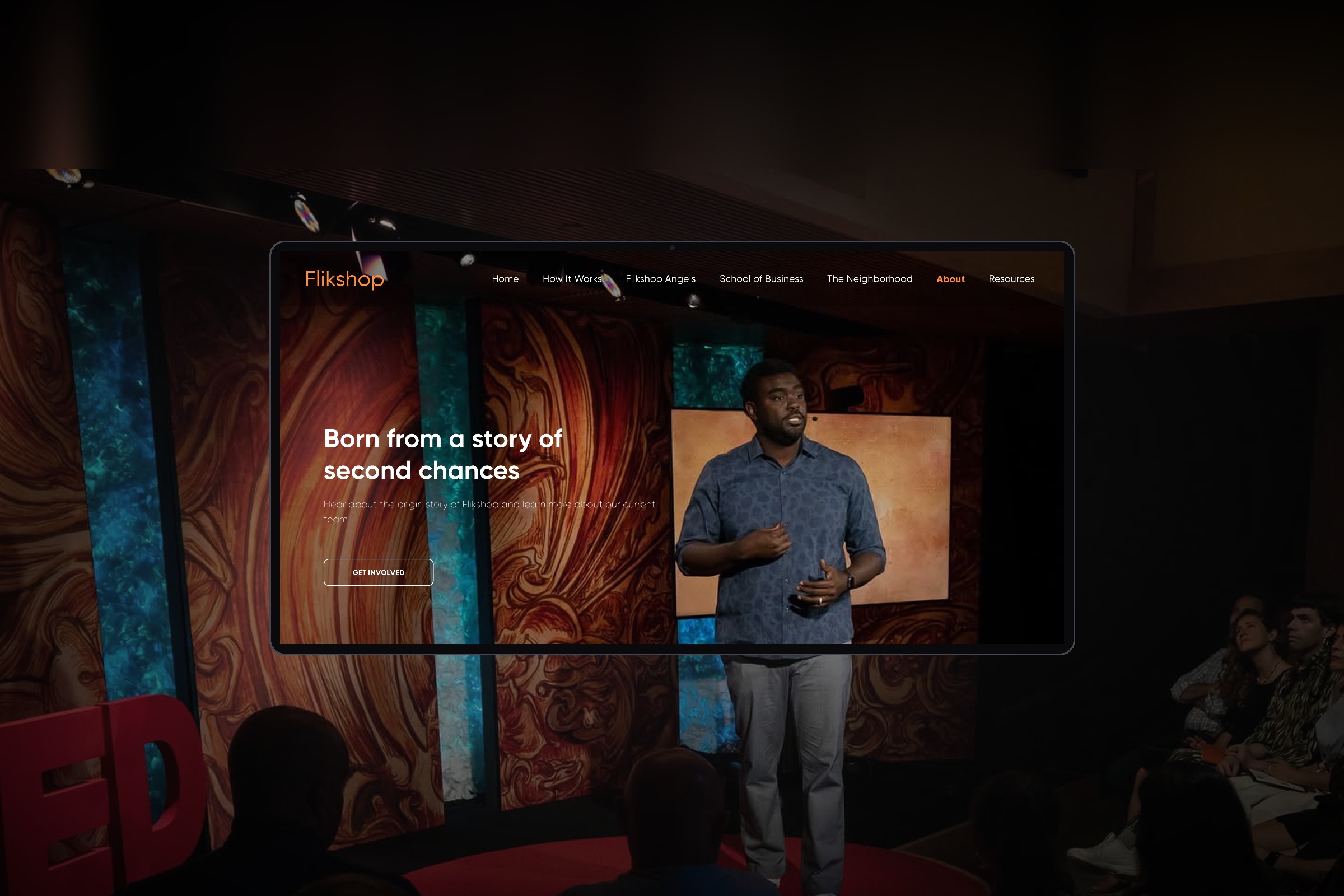Flikshop website hero on a laptop, over a photo of Marcus Bullock at TED