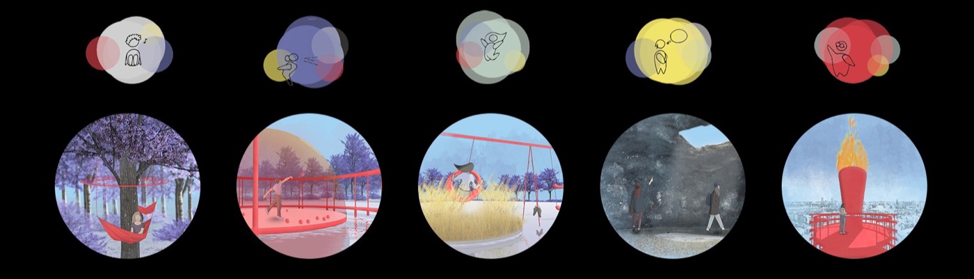 Five Over-Wel-Come activities: Hanging Hammocks, Bubble of Rage, Swings of Freedom, Cave of Wishes, Fire Tower