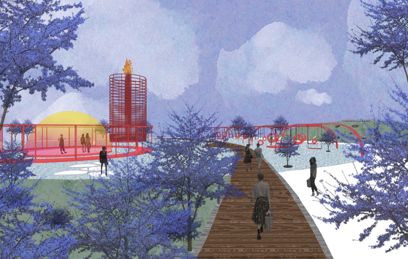 Over-Wel-Come park bridge and fire tower, daytime rendering