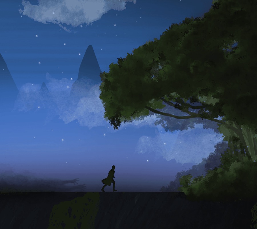 Silhouette walking toward a dark tree at night