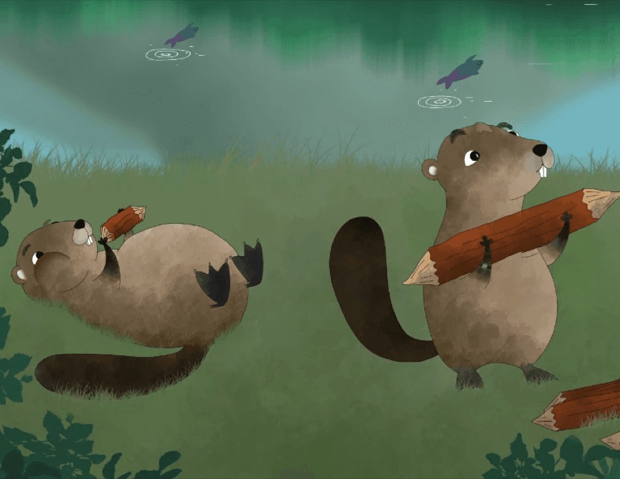 Two beaver characters, one building a lodge and one eating