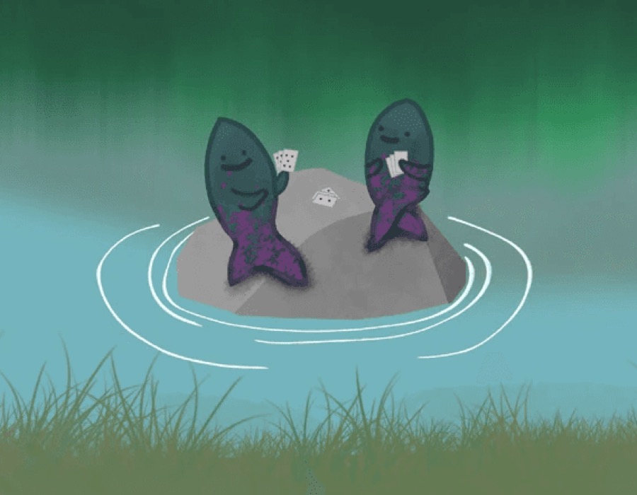 Two fish characters playing cards on a rock
