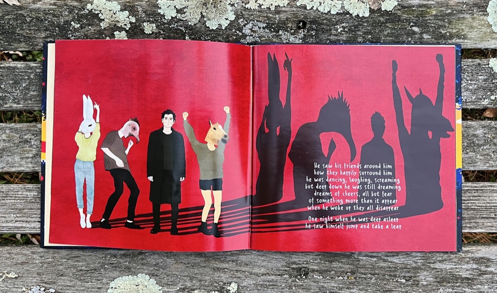 Storybook final page spread, friends dancing with shadow figures