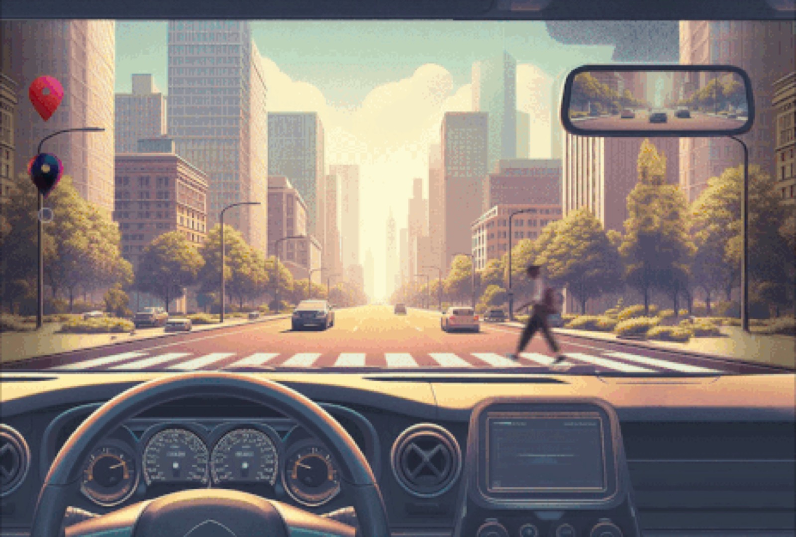 SagaSync HUD, driver's view of a city street