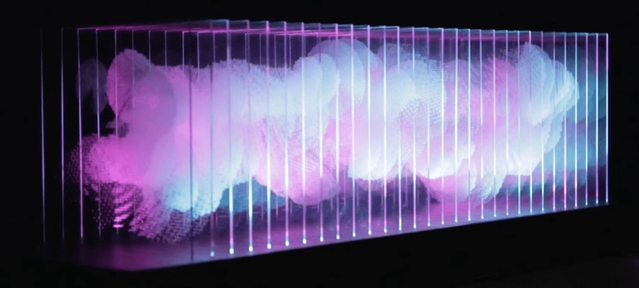 Sound Topographies installation, lit up in purple