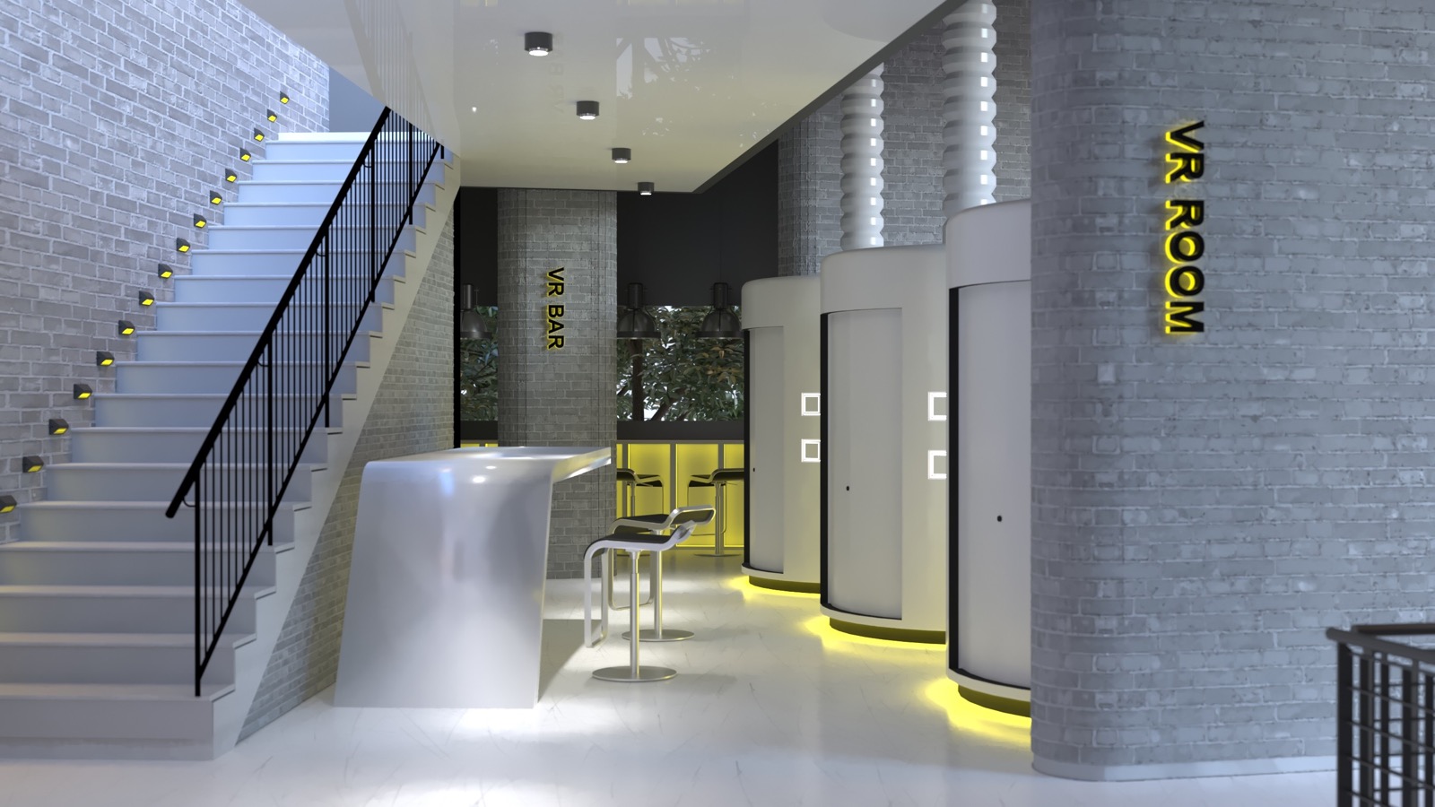 Virtual.B interior, VR room hallway with warm lighting