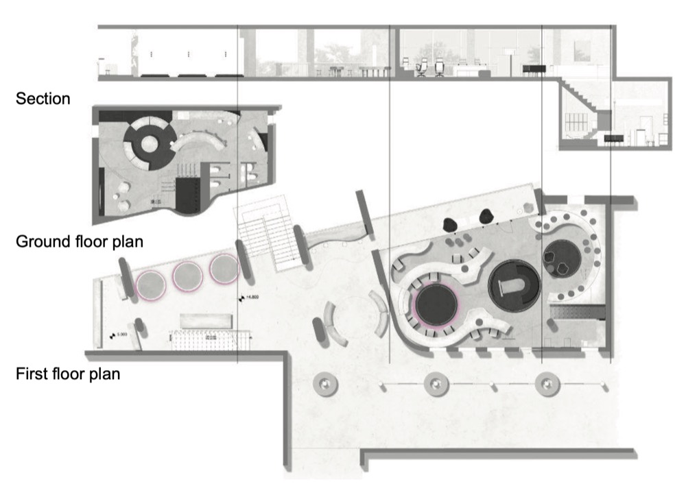 Virtual.B section, ground floor plan, and first floor plan