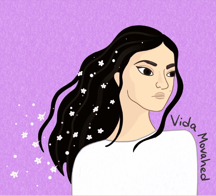 Illustration of Vida Movahed with white flowers in her hair