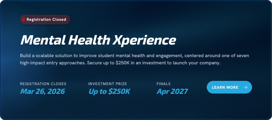 Active competition card: Mental Health Xperience, registration closed, investment prize, finals date