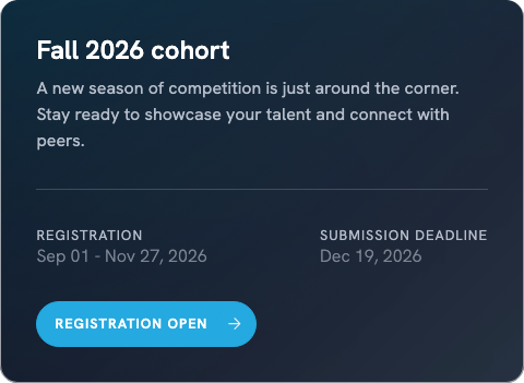 Fall 2026 cohort card with registration dates and a Registration open button