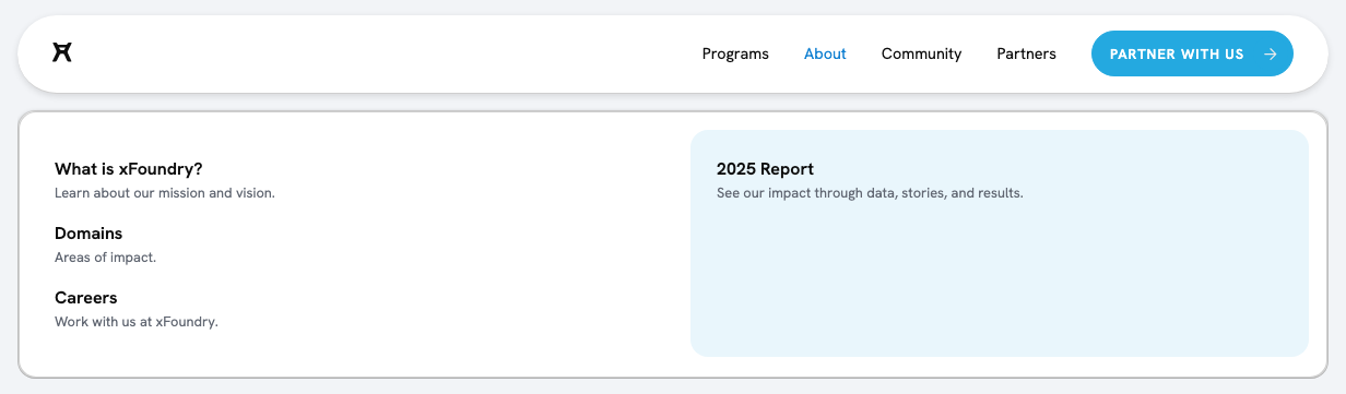 Live xFoundry navigation, About menu open
