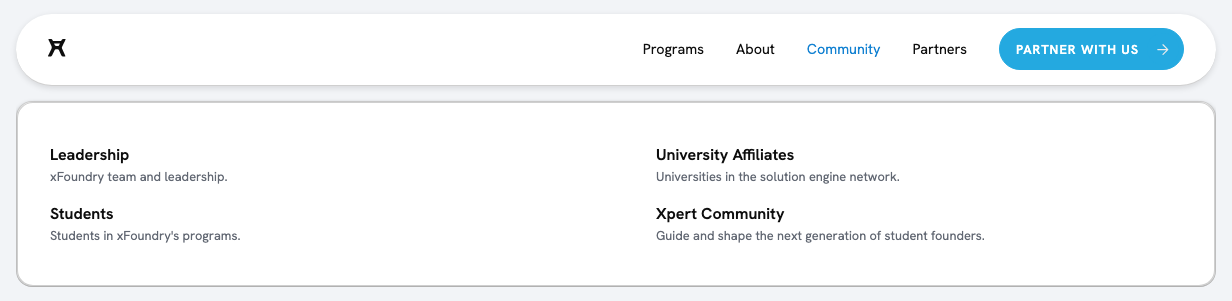 Live xFoundry navigation, Community menu open