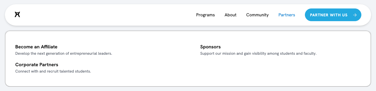 Live xFoundry navigation, Partners menu open